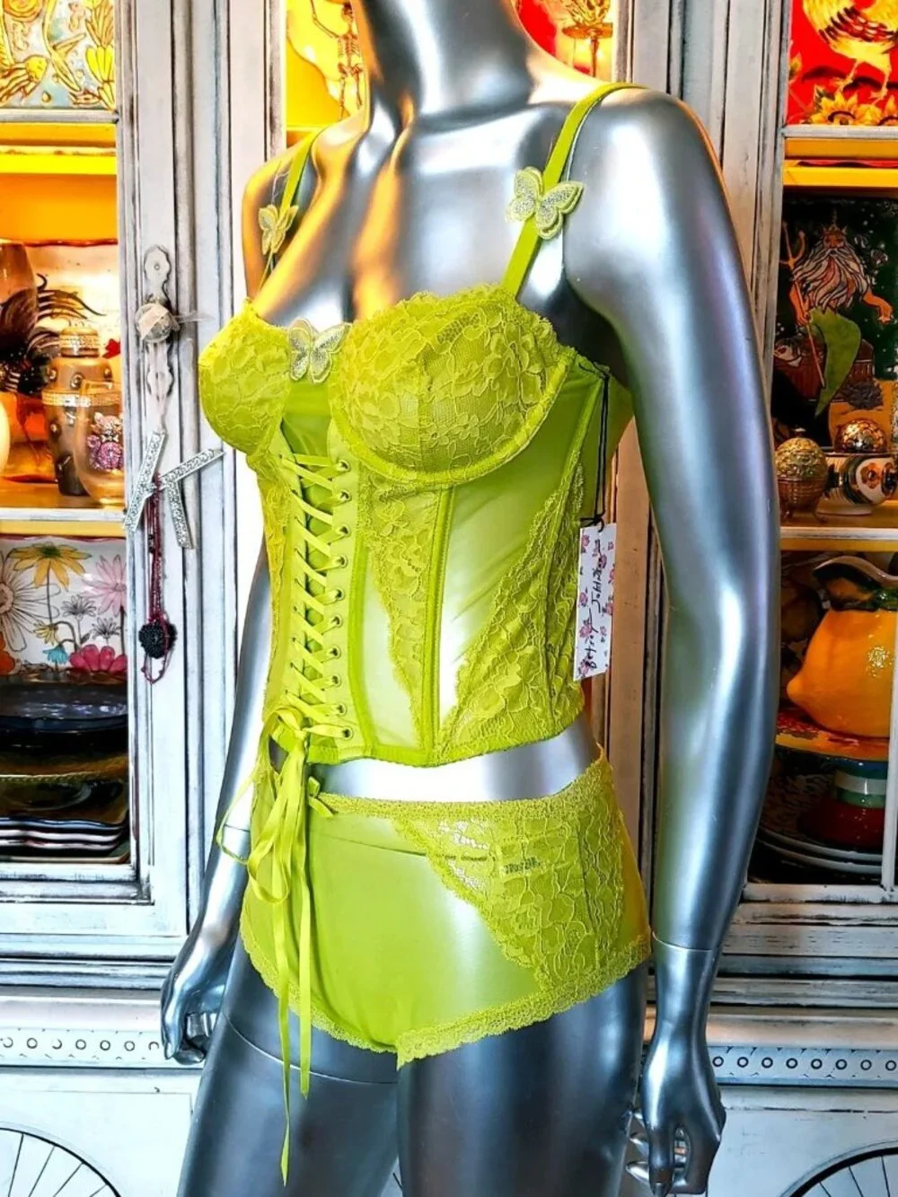 Betsey Johnson Corset Top Bustier Panties Lingerie Green Lace Mesh Butterfly XL - Picture 9 of 16